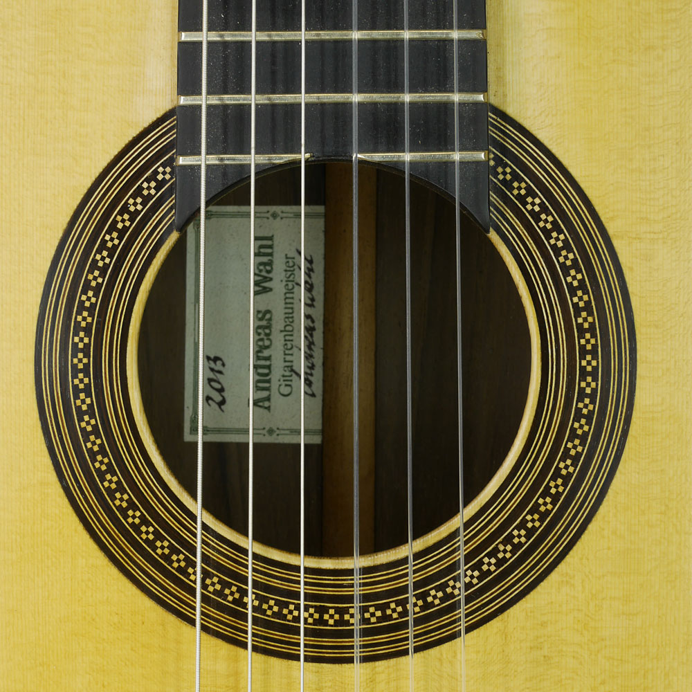 Andreas Wahl klassische Gitarre Fichte, Palisander, 2013, Rosette, Schild