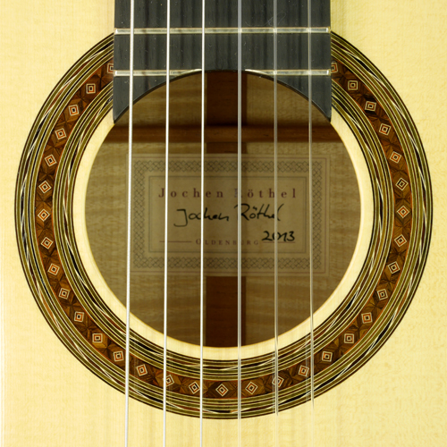 Jochen Röthel klassische Gitarre Fichte, Ahorn, 2013, Rosette, Schild