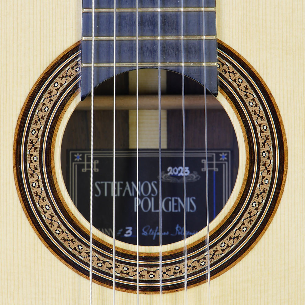 Stefanos Poligenis Meistergitarre Fichte, Palisander, Baujahr 2023, Rosette, Label