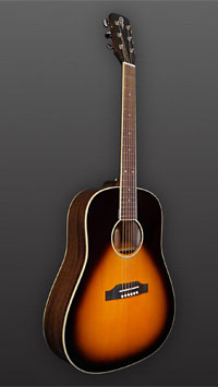 You`s, sunburst lackierte Akustikgitarre in Round Shoulder Dreadnought Form mit massiver Thermo-Fichtendecke und Zargen und Boden aus massivem Mahagoni